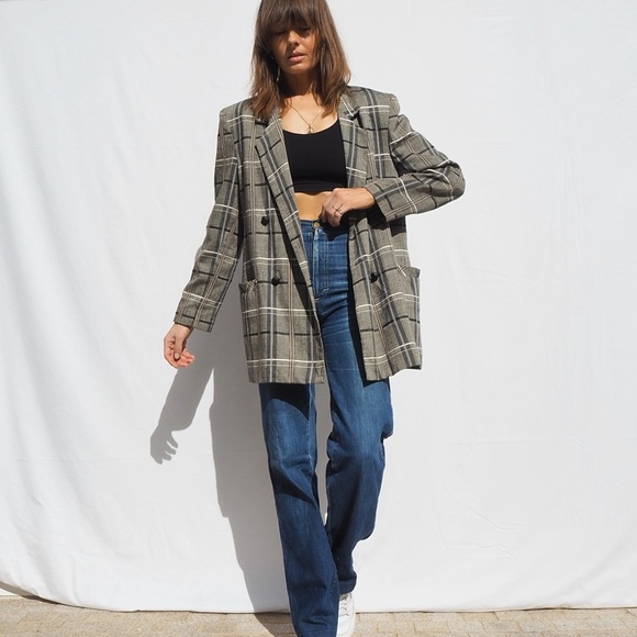 ⛔️ SOLD ⛔️ VINTAGE BLACK GREY BROWN PLAID LIGHTWEIGHT BLAZER - Picture 2 of 4